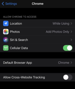 iPhone screenshot showing cross website tracking controls