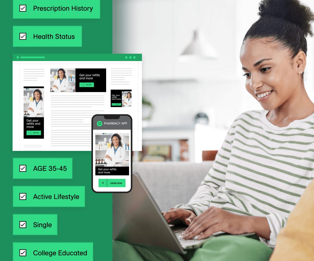 image of woman at computer and privacy conscious health data for media targetting